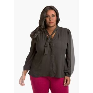 Poetic Justice Women's Tasha Black Chiffon Button-Up Neck-Tie Blouse Size 2X Fem